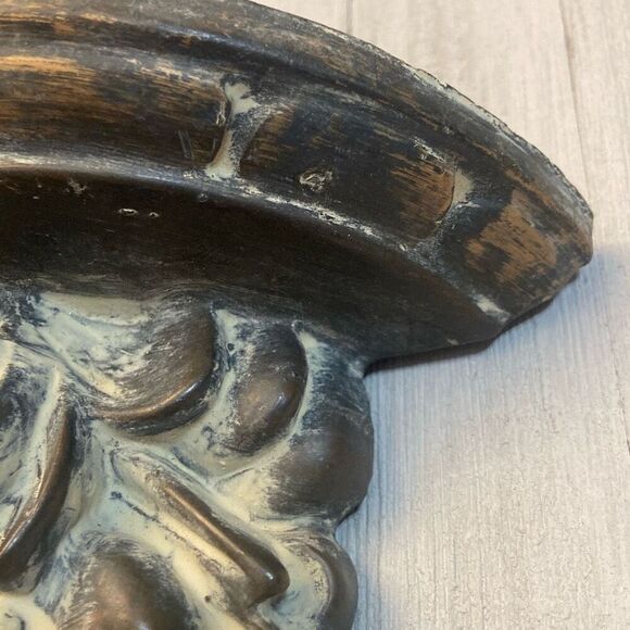 Pair Acanthus Leaf Ornate Wall Shelves Distressed Gold Brown Tan Tones Regency - Picture 7 of 12